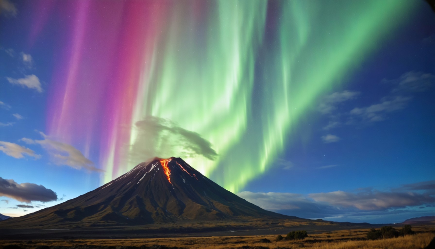 A Dazzling Duel: Northern Lights Dance Over Iceland's Fiery Volcano